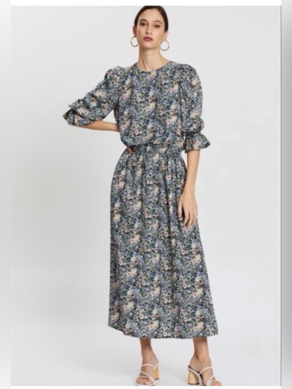 Floral Puff-Sleeve Midi Dress - Blue